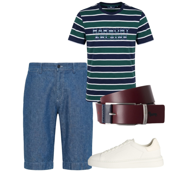 Outfit uomo - Stile da barca. Stile Casual per Tutti i giorni. Abbinamento con bermuda, t-shirt, cinture, sneakers.