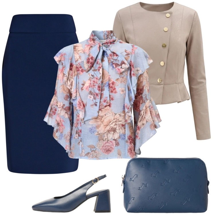 Outfit donna - La gonna midi e la camicia a fiori. Stile Bon Ton per Serata fuori. Abbinamento con décolleté, pochette, gonne longuette, blazer, bluse.