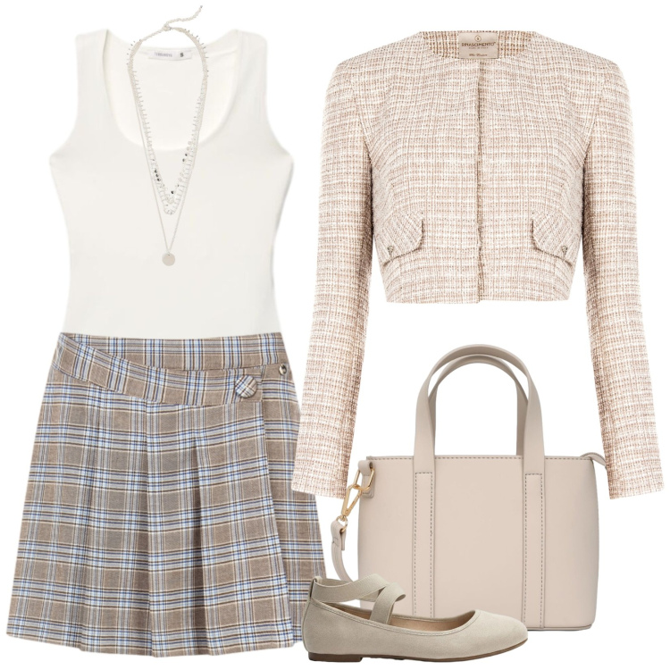 Outfit donna - La minigonna a pieghe. Stile Preppy per Scuola/Università. Abbinamento con ballerine, collane, borse a tracolla, body, blazer, gonne.