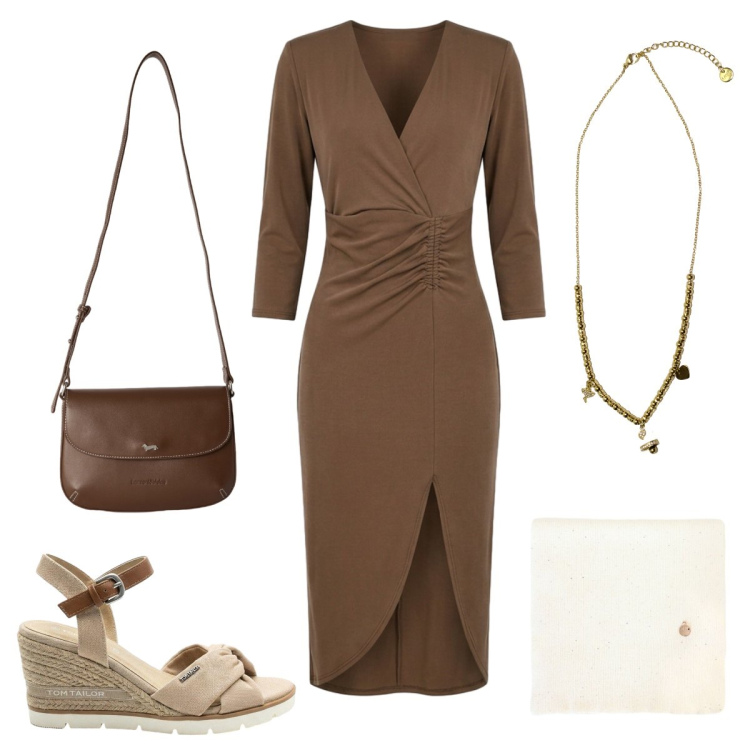 Outfit donna - Terra in vacanza. Stile Basic per Tutti i giorni. look ideale per Premaman. Abbinamento con sandali col tacco, borse a tracolla, vestiti asimmetrici, sciarpe, ciondoli.