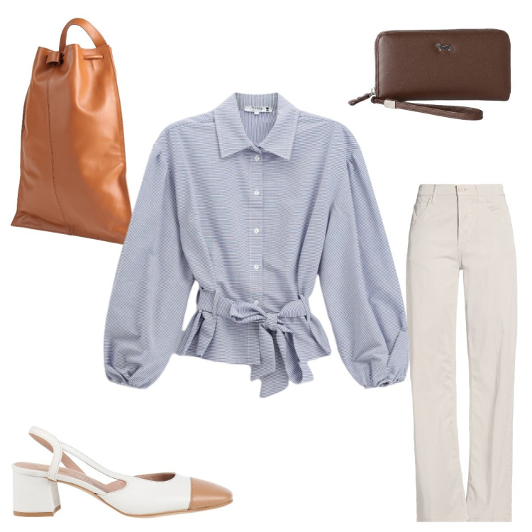 Outfit donna - Agosto in ufficio. Stile Casual chic per Ufficio. Abbinamento con pantaloni, décolleté, zaini, portafogli, camicie.