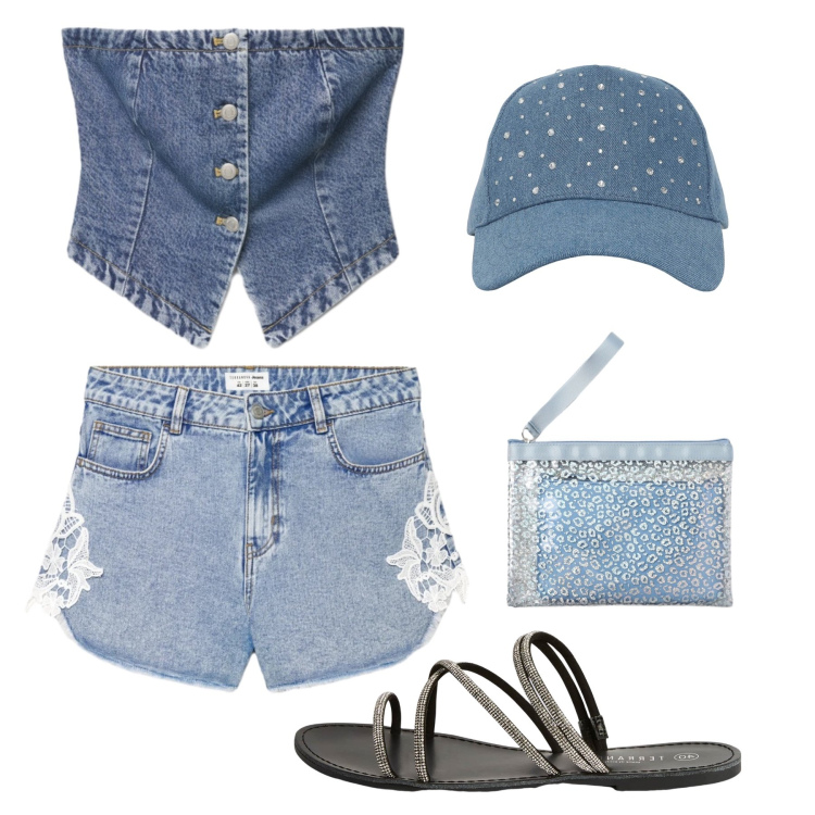Outfit donna - Total look #2460747. Stile Casual per Mare. Abbinamento con cappelli, sandali, pochette, shorts, top.