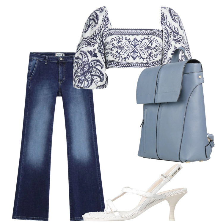 Outfit donna - Total look #2460748. Stile Casual per Ufficio. Abbinamento con infradito, zaini, top, jeans.