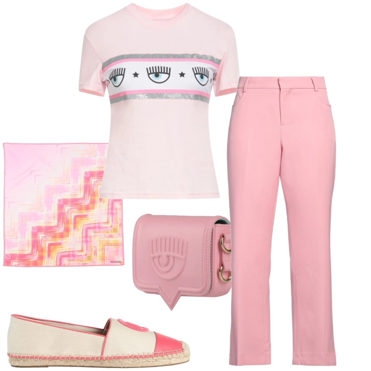 Outfit donna - Scuola. Stile Casual per Scuola/Università. Abbinamento con sciarpe, marsupi, pantaloni, espadrillas, t-shirt.