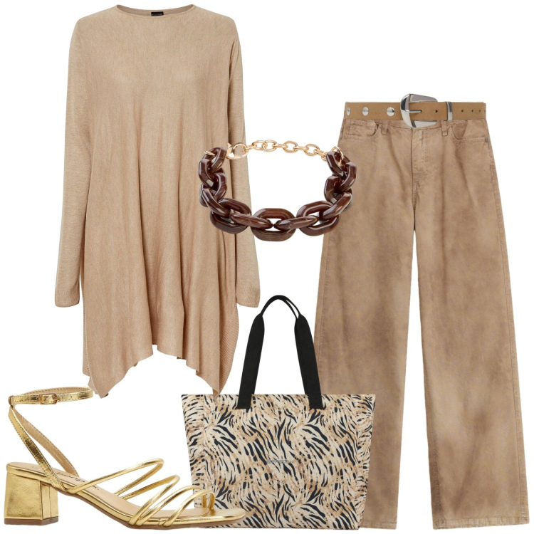 Outfit donna - Casual. Stile Casual per Tutti i giorni. Abbinamento con maglieria, sandali col tacco, braccialetti, cinture, pantaloni a palazzo, shopping bag.