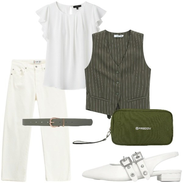 Outfit donna - Settembre. Stile Casual chic per Serata fuori. Abbinamento con ballerine, cinture, top, gilet, pantaloni, valigie.