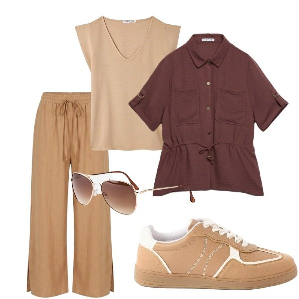 Outfit donna - Passeggiando per la città. Stile Casual chic per Tutti i giorni. Abbinamento con occhiali da sole, sneakers, camicie a manica corta, t-shirt, pantaloni.