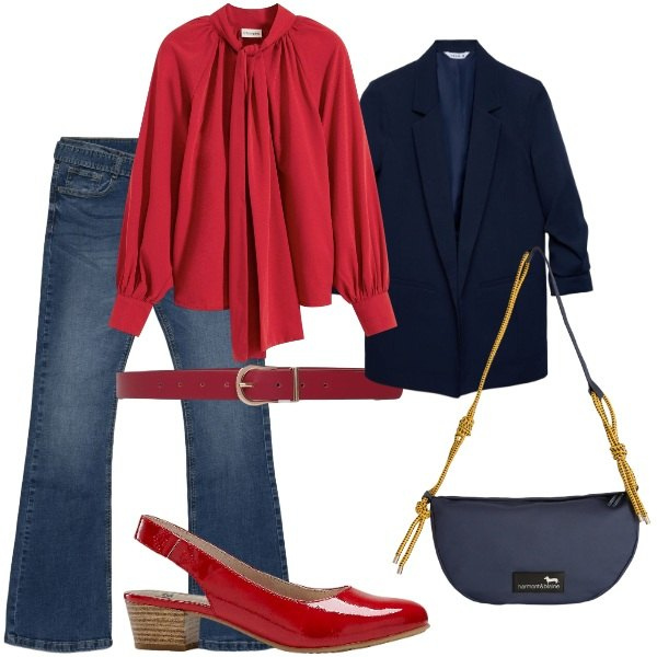 Outfit donna - Particolari. Stile Casual chic per Serata fuori. Abbinamento con décolleté, camicie, borse a tracolla, jeans a zampa, blazer, cinture.
