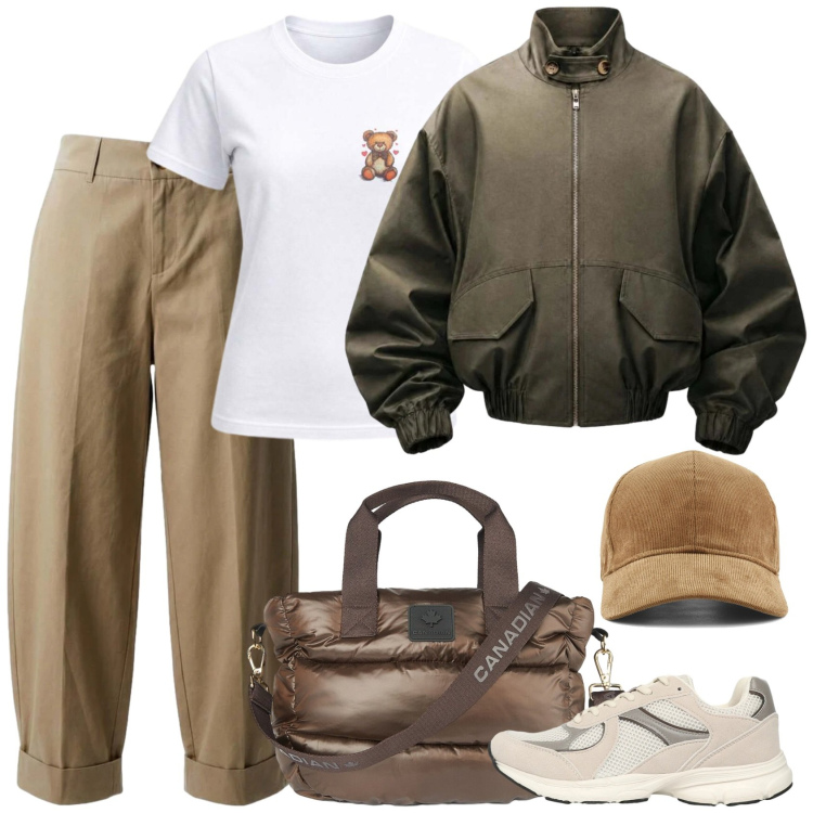 Outfit donna - Riprendo l\' autobus. Stile Casual per Scuola/Università. Abbinamento con sneakers, bomber, pantaloni, t-shirt, borse a tracolla, cappelli con visiera.