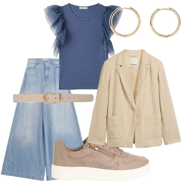 Outfit donna - Settembre. Stile Casual per Tutti i giorni. Abbinamento con orecchini, blazer, sneakers, t-shirt, cinture, jeans.