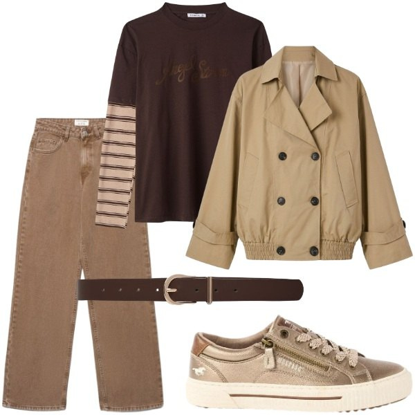 Outfit donna - Settembre. Stile Casual per Tutti i giorni. Abbinamento con sneakers, trench, jeans, cinture, t-shirt.