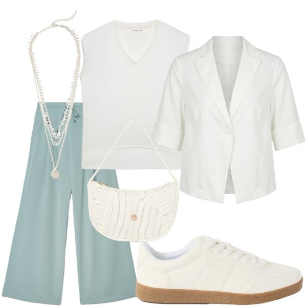 Outfit donna - Serata tra amici. Stile Casual chic per Serata fuori. Abbinamento con collane, sneakers, pantaloni, top, borse a mano, blazer.