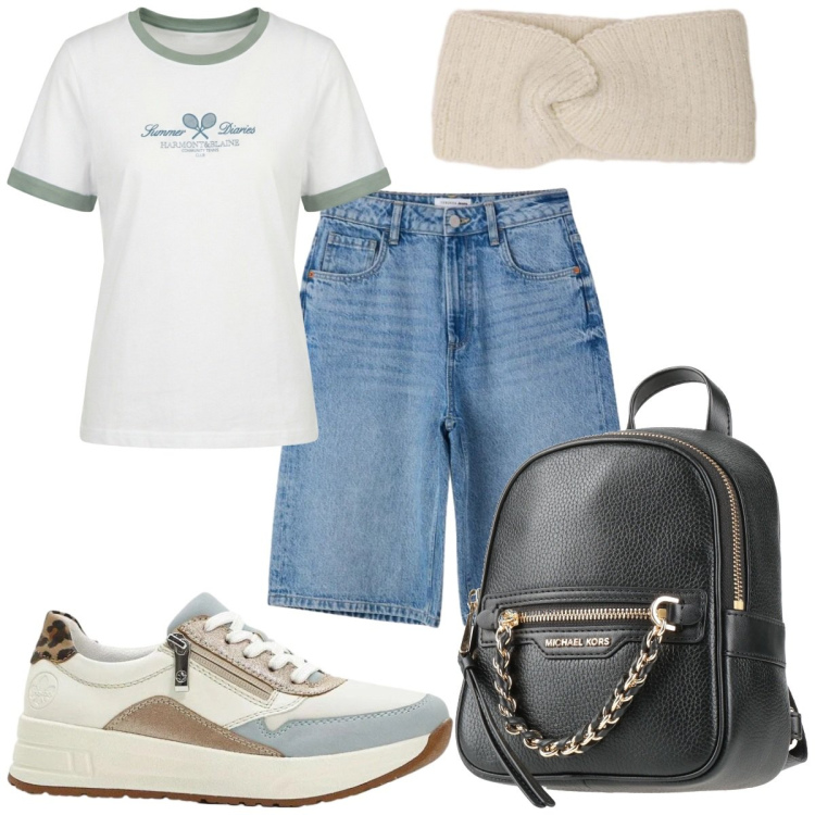Outfit donna - Total look #2460794. Stile Casual per Tutti i giorni. Abbinamento con zaini, sneakers, t-shirt, bermuda, accessori per capelli.