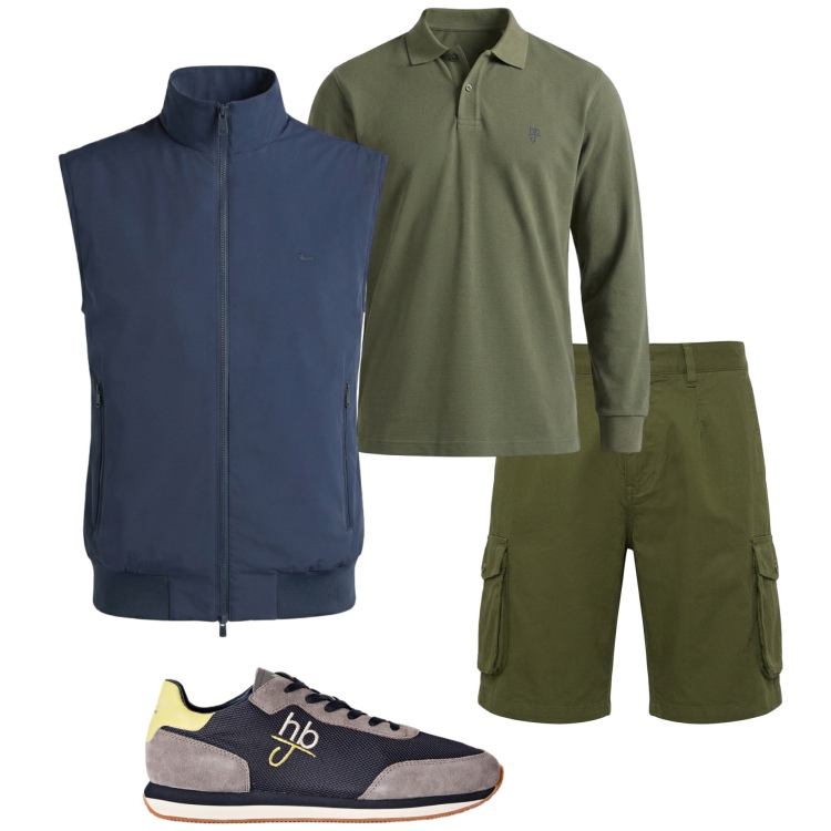 Outfit uomo - Vacanza in montagna. Stile Casual per Tutti i giorni. Abbinamento con gilet, bermuda, sneakers, polo.