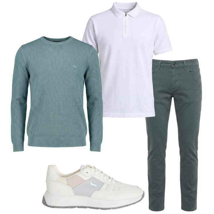 Outfit uomo - Ritorno in ufficio. Stile Casual per Ufficio. Abbinamento con polo, sneakers, pullovers, jeans slim fit.