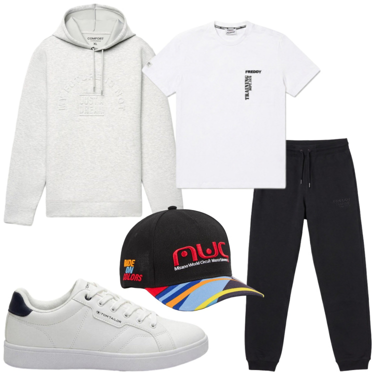 Outfit uomo - Total look #2460809. Stile Casual per Sport. Abbinamento con sneakers, cappelli con visiera, felpe con cappuccio, pantaloni, t-shirt.