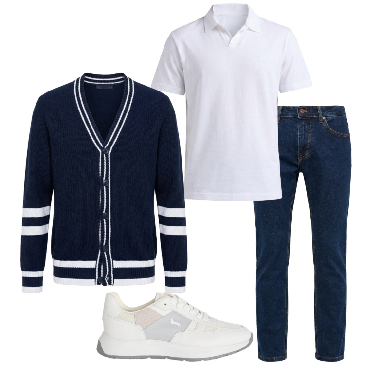Outfit uomo - Casual style. Stile Urban per Tutti i giorni. Abbinamento con pantaloni, polo, sneakers, cardigans.