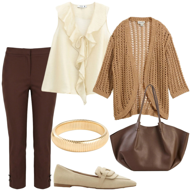Outfit donna - Total look #2460818. Stile Basic per Ufficio. Abbinamento con cardigans, mocassini, shopping bag, braccialetti, pantaloni, top.