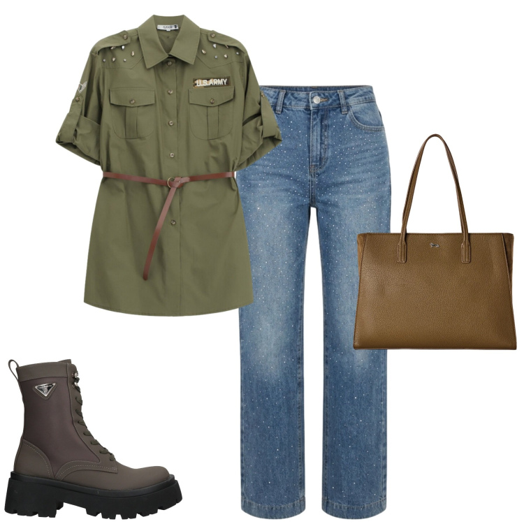 Outfit donna - La camicia military. Stile Casual chic per Tutti i giorni. Abbinamento con stivaletti, shopping bag, camicie, jeans.