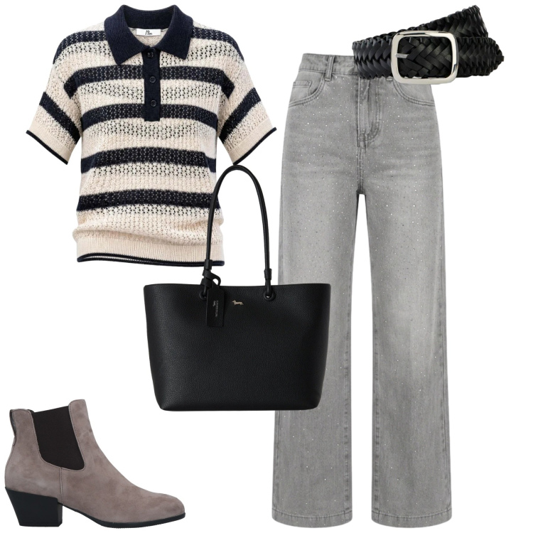 Outfit donna - City. Stile Casual chic per Tutti i giorni. Abbinamento con stivaletti chelsea, cinture, shopping bag, polo, jeans.