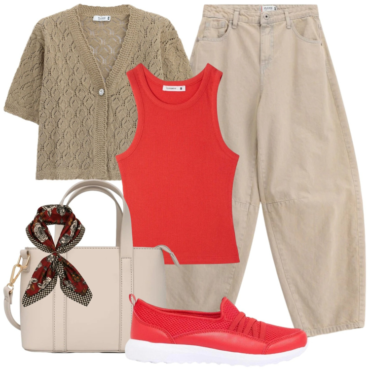 Outfit donna - Foulard dai colori vivaci sulla borsa. Stile Casual per Tutti i giorni. Abbinamento con sneakers, canottiere, borse a tracolla, cardigans, jeans, foulard.