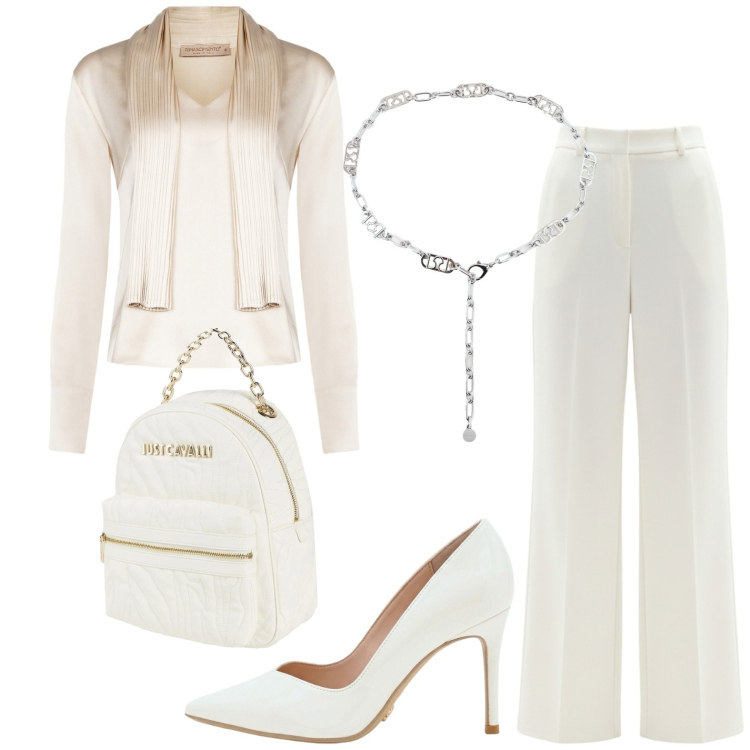 Outfit donna - A cena. Stile Casual chic per Serata fuori. Abbinamento con zaini, bluse, pantaloni a palazzo, décolleté, cinture.