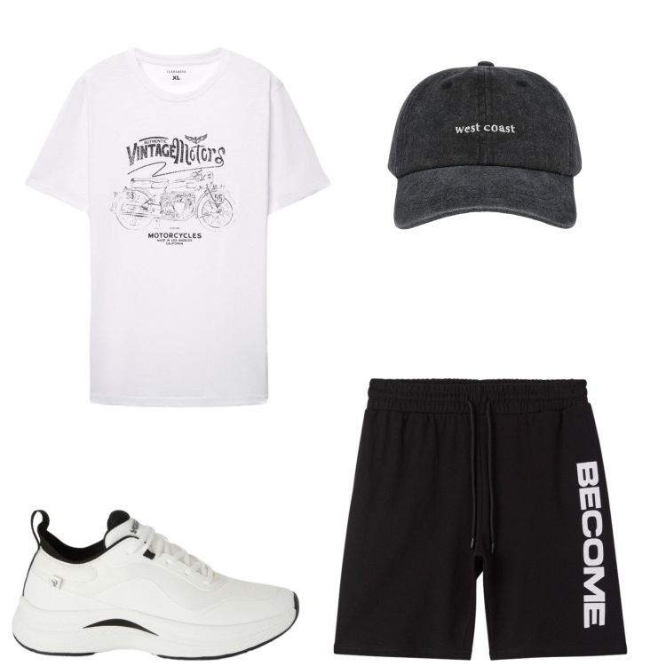 Outfit uomo - Total look #2460828. Stile Casual per Sport. Abbinamento con cappelli con visiera, t-shirt, bermuda, sneakers.