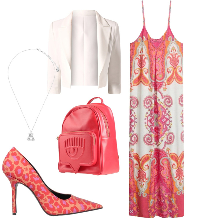 Outfit donna - Sera e giorno. Stile Casual chic per Tutti i giorni. Abbinamento con décolleté, zaini, vestiti lunghi, blazer, ciondoli.