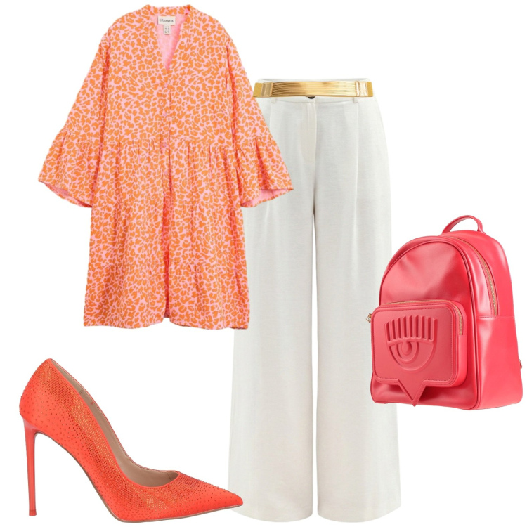 Outfit donna - A spasso. Stile Casual chic per Tutti i giorni. Abbinamento con décolleté, zaini, vestiti, pantaloni a palazzo, cinture.