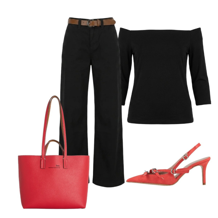 Outfit donna - Look minimal ma super chic. Stile Chic per Tutti i giorni. Abbinamento con décolleté, shopping bag, pantaloni, t-shirt.
