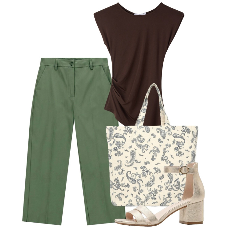 Outfit donna - Agosto. Stile Bon Ton per Tutti i giorni. Abbinamento con sandali col tacco, shopping bag, top, pantaloni.