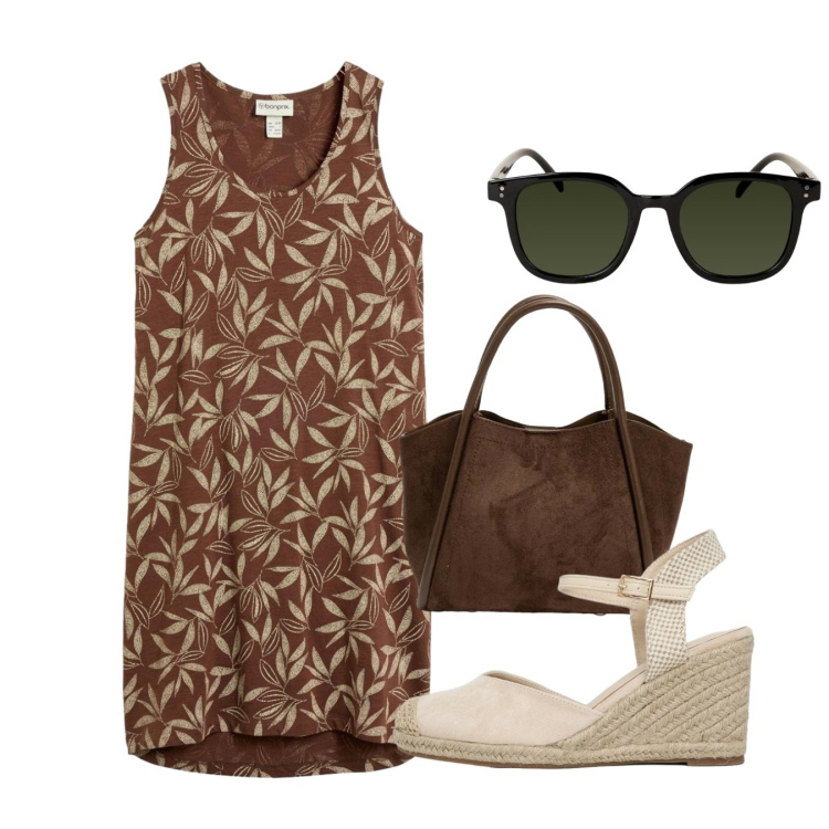 Outfit donna - Agosto. Stile Bon Ton per Tutti i giorni. Abbinamento con vestiti senza maniche, zeppe, occhiali da sole, borse a spalla.