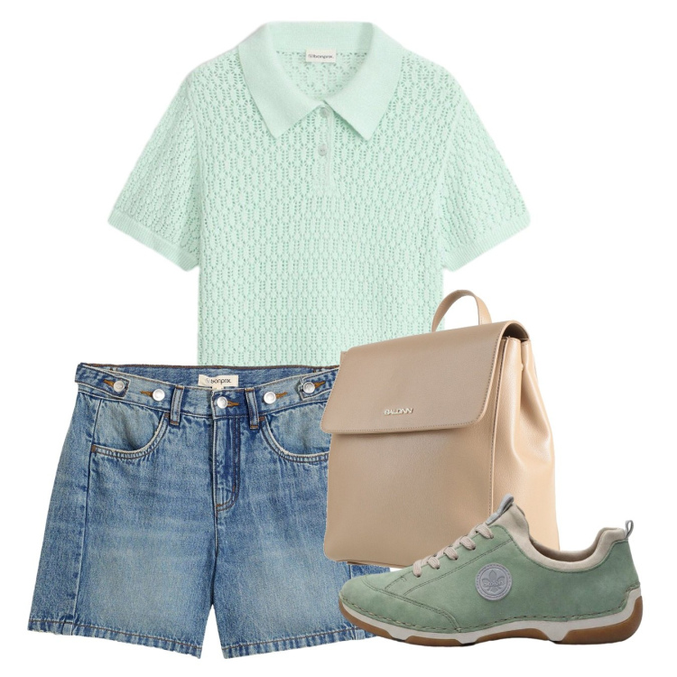 Outfit donna - Agosto. Stile Basic per Tutti i giorni. Abbinamento con zaini, shorts, polo, sneakers.