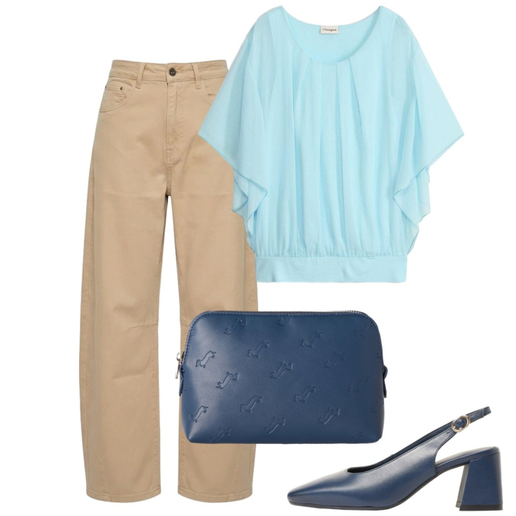 Outfit donna - Agosto. Stile Casual chic per Tutti i giorni. Abbinamento con bluse, décolleté, pochette, jeans.