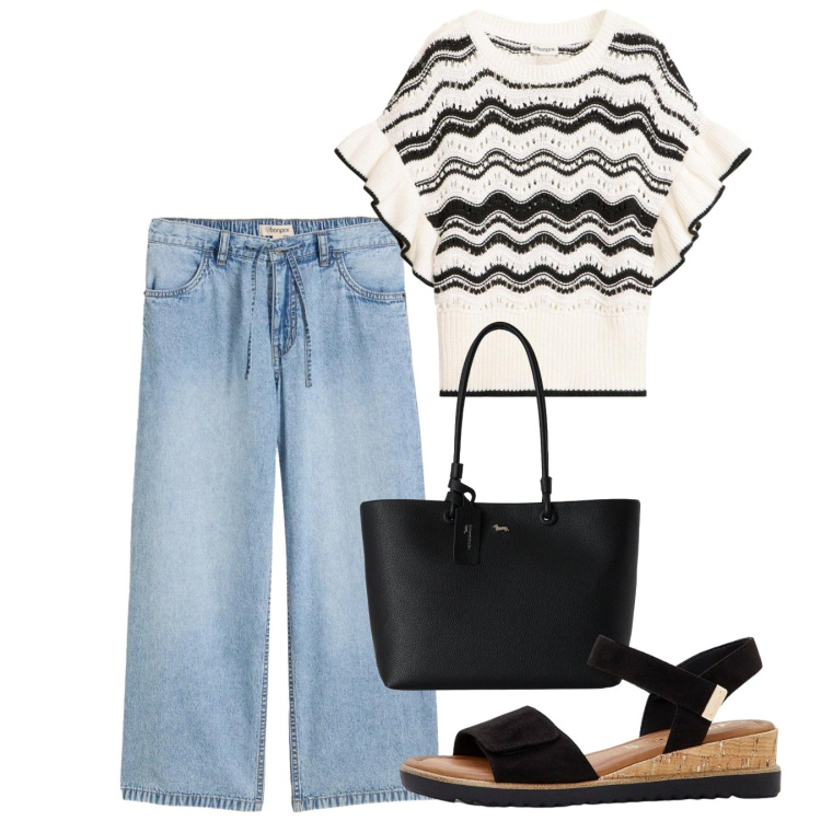 Outfit donna - Agosto. Stile Casual per Tutti i giorni. Abbinamento con t-shirt, jeans, sandali, shopping bag.