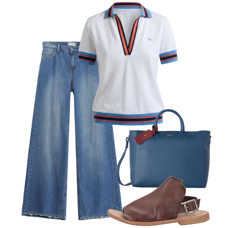 Outfit donna - Agosto. Stile Bon Ton per Tutti i giorni. Abbinamento con sandali in pelle, polo, borse a mano, jeans dritti.