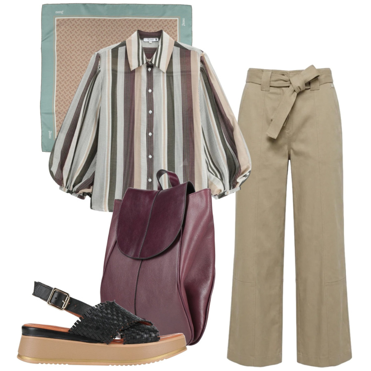 Outfit donna - Le righe. Stile Bon Ton per Tutti i giorni. Abbinamento con zaini, sciarpe, sandali in pelle, pantaloni, camicie.