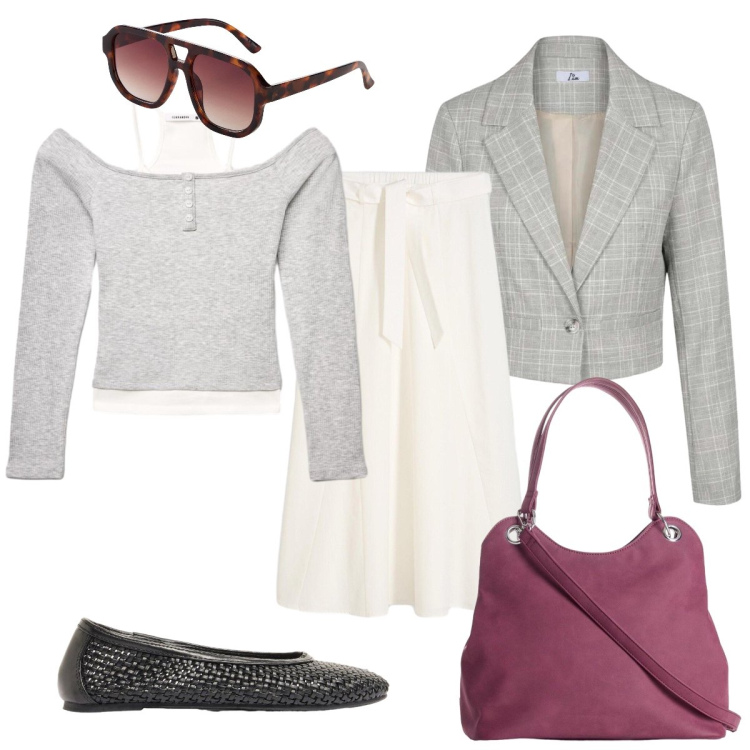 Outfit donna - Chic in grigio perla e avorio. Stile Chic per Tutti i giorni. Abbinamento con borse a mano, occhiali da sole, ballerine, gonne longuette, t-shirt, blazer.