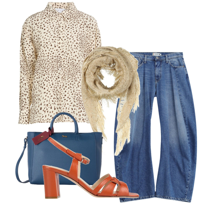 Outfit donna - Pomeriggio in centro. Stile Casual chic per Tutti i giorni. Abbinamento con camicie, stole, sandali in pelle, borse a mano, jeans.