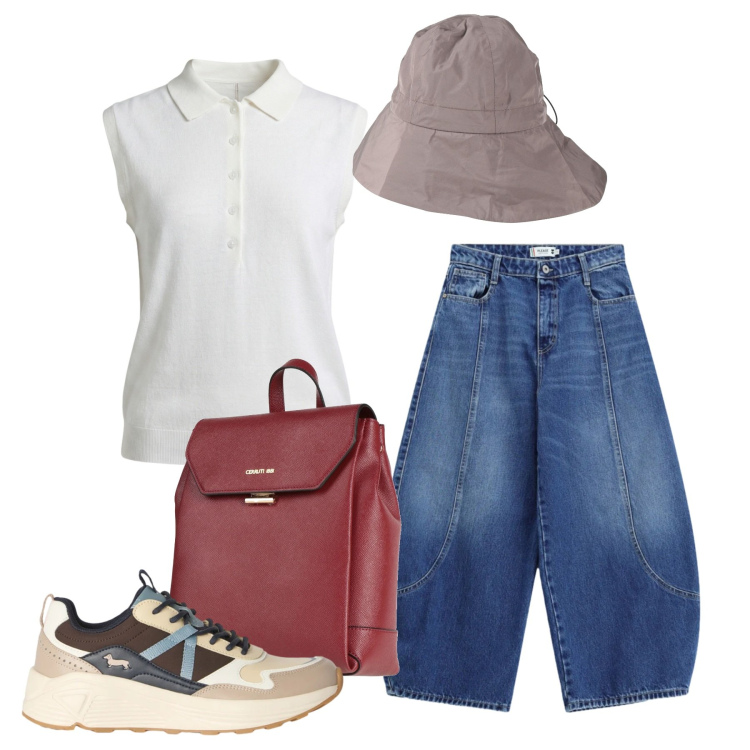 Outfit donna - Breve gita. Stile Casual per Tutti i giorni. Abbinamento con zaini, cappelli, polo, sneakers, jeans.