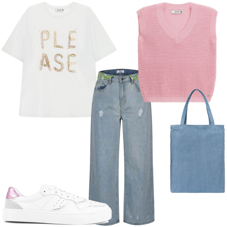Outfit donna - Back to school. Stile Casual per Scuola/Università. Abbinamento con borse tote, jeans strappati, top, t-shirt, sneakers.