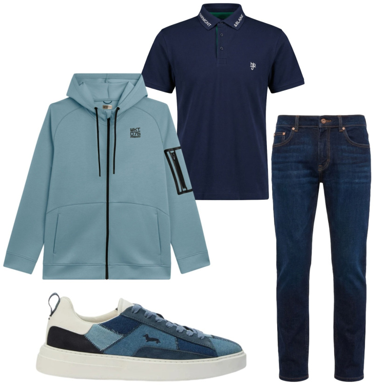 Outfit uomo - Total look #2460901. Stile Urban per Tutti i giorni. Abbinamento con jeans, polo, sneakers, felpe con cappuccio.