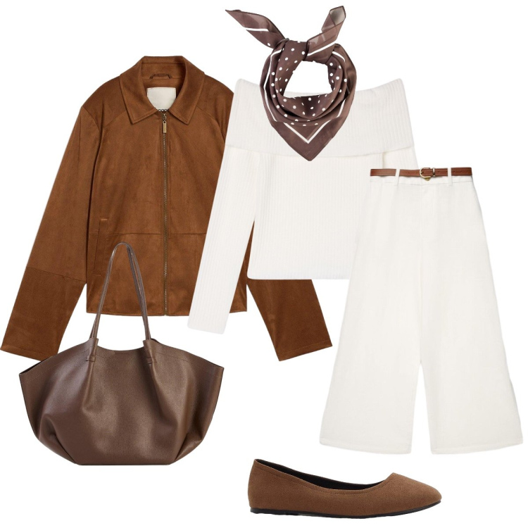Outfit donna - Settembre. Stile Chic per Tutti i giorni. Abbinamento con blazer, ballerine, shopping bag, foulard, maglieria, pantaloni a palazzo.