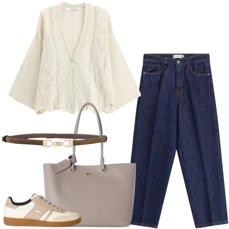 Outfit donna - Il cardigan traforato. Stile Casual chic per Tutti i giorni. Abbinamento con cinture, sneakers, shopping bag, cardigans, jeans.