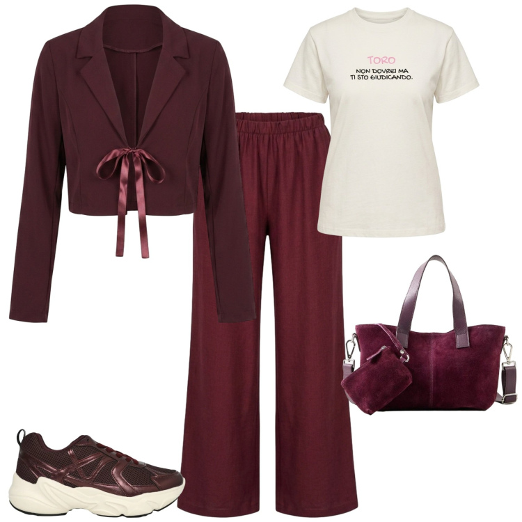 Outfit donna - Casual chic ufficio tempo libero. Stile Casual chic per Tutti i giorni. Abbinamento con borse a mano, sneakers, t-shirt, blazer, pantaloni a palazzo.