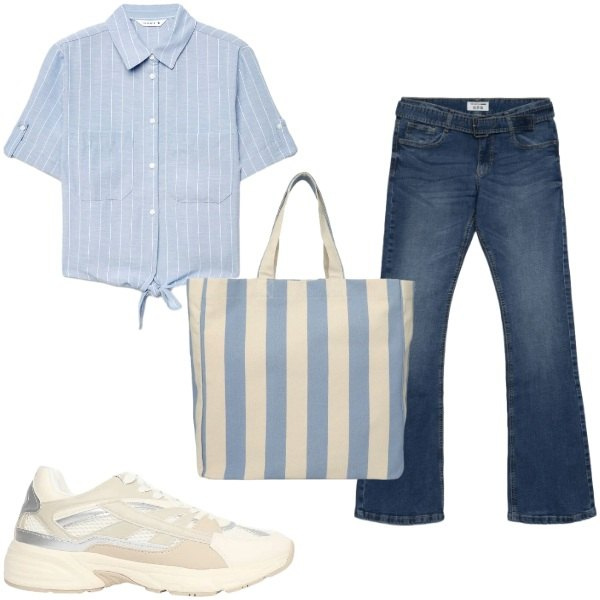 Outfit donna - Casual. Stile Casual per Scuola/Università. Abbinamento con camicie a manica corta, jeans a zampa, sneakers, shopping bag.