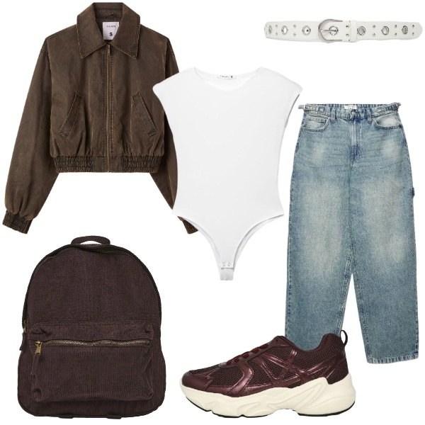 Outfit donna - Back to school. Stile Urban per Scuola/Università. Abbinamento con bomber, sneakers, jeans dritti, zaini, top, cinture.