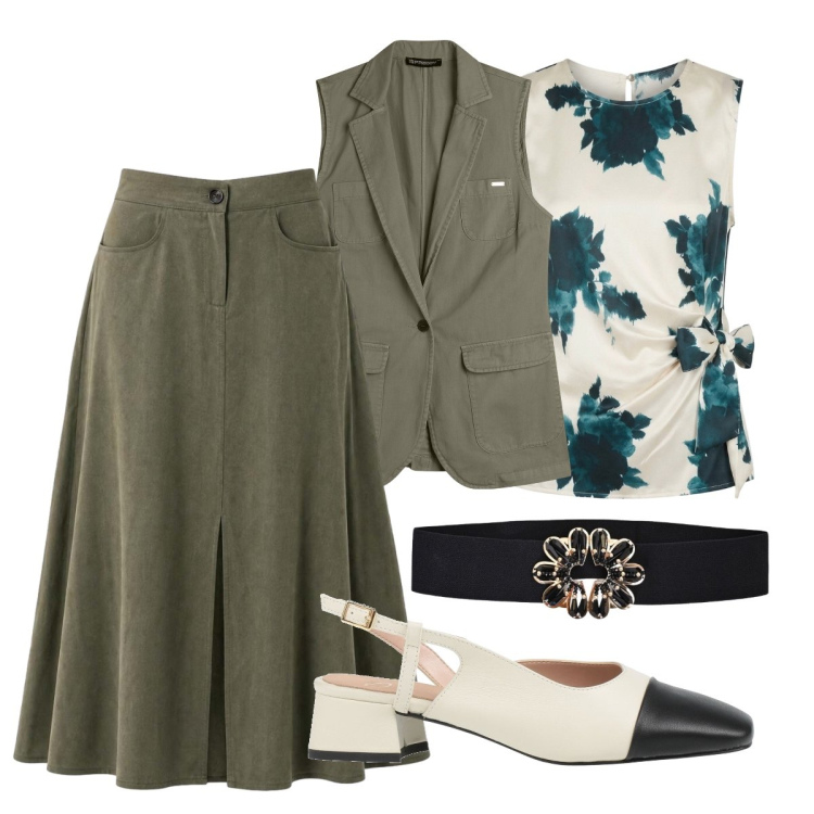 Outfit donna - Relax dopo il lavoro. Stile Preppy per Tutti i giorni. Abbinamento con décolleté, gonne lunghe, cinture, gilet, top.