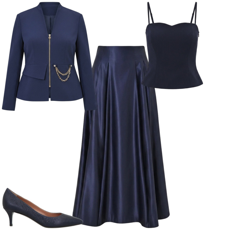 Outfit donna - Chic in blu serata evento. Stile Chic per Serata fuori. Abbinamento con décolleté, gonne lunghe, top, blazer.
