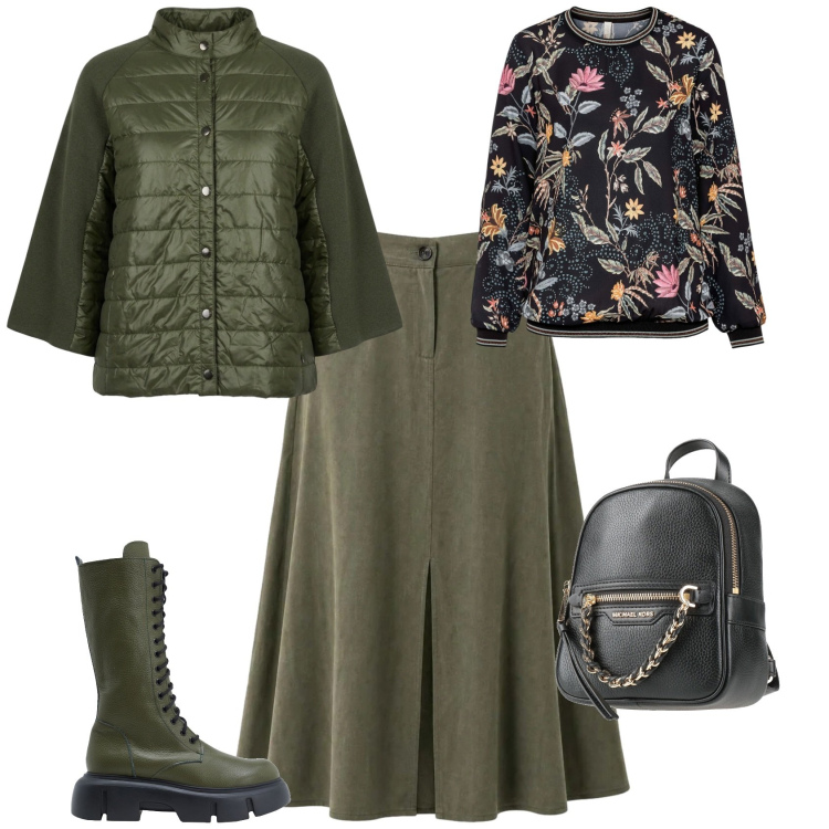 Outfit donna - Casual chic verso l autunno. Stile Casual chic per Tutti i giorni. Abbinamento con stivali, zaini, t-shirt, gonne lunghe, blazer.
